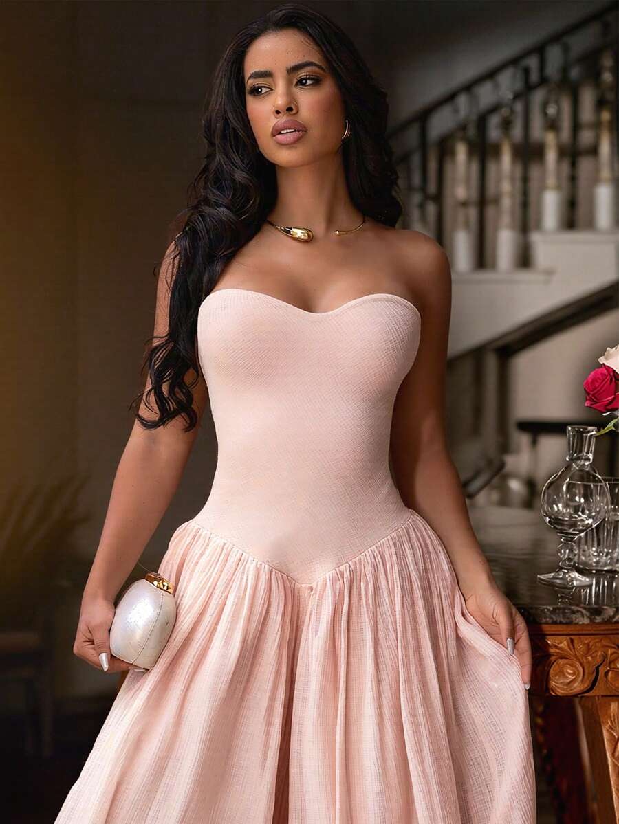 Women's Sleeveless Pink Knit Fabric Short Jumpsuit, Slight Stretch, Bandeau Design, Harem Pants Style - Pink - View 1