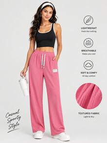 Women's Solid Color Corduroy Wide Leg Pants With Elastic Drawstring Waist - Pink - View 7
