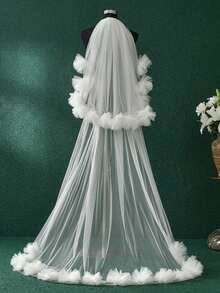1pc Double Layer White Tulle Flower Bridal Veil, Floor Length Small Train Cathedral Veil, Romantic Wedding Photoshoot Headpiece - White - View 7