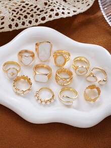 12pcs Fashion Minimalist Elegant Flower & Heart Oil Drop Ring Set For Women, Suitable For Vacation, Date, Party, Ball, Banquet, Holiday, Birthday Gift, Daily Wear - Yellow Gold - View 3
