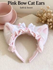1pc Sweet Lolita Plush Cat Ear Headband With Ruffle And Bow Decoration, Cute Fluffy Animal Ear Hair Accessory For Women Cosplay Party Makeup Hairstyle - Multicolor - View 10