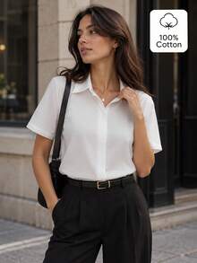 Solid Beige 100% Pure Cotton Short Sleeve Button-Up Shirt, Women's 40S Washed Cotton Regular Fit Casual Workwear Shirt, Commuter Essential - White - View 1