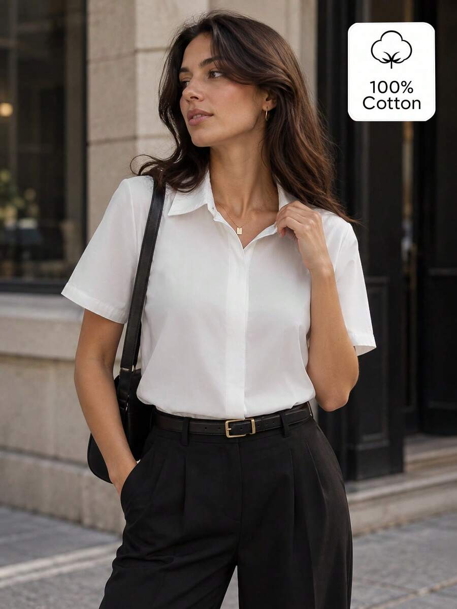 Solid Beige 100% Pure Cotton Short Sleeve Button-Up Shirt, Women's 40S Washed Cotton Regular Fit Casual Workwear Shirt, Commuter Essential - White - View 1