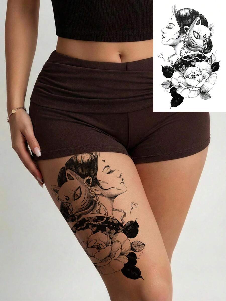 1pc Japanese Mask Portrait Temporary Tattoo Sticker, Peony Floral Print Fashionable Tattoo Sticker, Suitable For Girls' Arms, Legs, Back, Waist, Waterproof And Sweat-Proof, Sexy And Cool Tattoo Sticker, Looks Very Realistic, Easy To Use And Remove, Wedding Music Festival Party Supplies, - Black - View 1