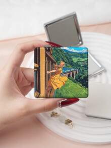 1PC Ins Anime Series Portable Vanity Mirror, Foldable Lightweight Ultra-Thin Convenient Hand Mirror, PU Leather, Suitable For Multiple Scenarios And All People, Foldable Small Square Mirror, Pocket Mirror, Fresh Sky Portrait Rice Field Ditsy Floral Printed Pattern Design, Exquisite Handheld 180° Flip Cover Multifunctional Mini Mirror - Multicolor - View 5