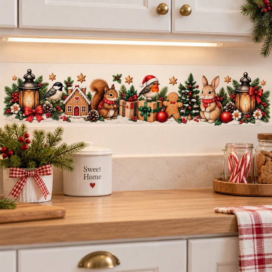 Christmas Wreath Wall Sticker Holiday Border Decal Pine Branch Red Bow Kitchen Cabinet Wall Decor Christmas Decoration Suitable For Kitchen Island Fireplace Mantel Dining Room - Christmas Wall Decals - View 1