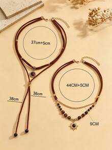 3pcs/Set Western Cowboy Style Brown Velvet Rope With Tiger Eye Stone Pendant Multi-Layer Stackable Necklace Fashionable Personalized Women's Neck Jewelry Suitable For Daily Wear, Dating, Party And Vacation - Multicolor - View 4