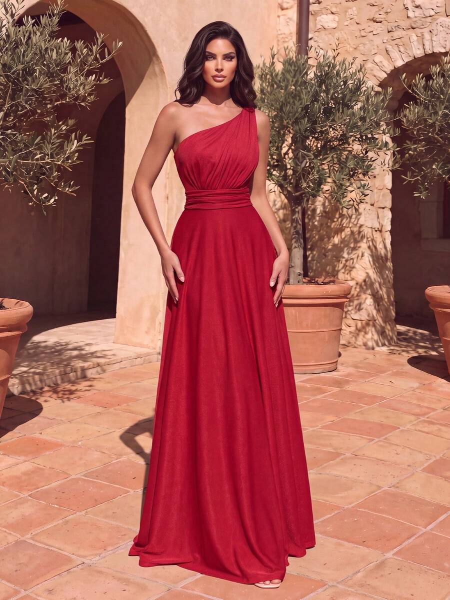 Elegant One-Shoulder Chiffon Ruched Waist A-Line Fitted Streamlined Hem Dress, Suitable For Photography, Beach, Formal Evening Events And Weddings - Red - View 1