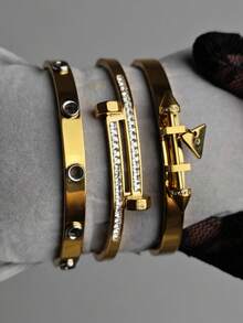 1/3pcs Set 18K Gold Plated Punk Rivet Pointed Arrow Zirconia Inlaid Bracelet Set, Stainless Steel Material - Suitable For Women Girls Daily Wear, Party Date, Office Gift Date, Office Gift - Gold - View 14