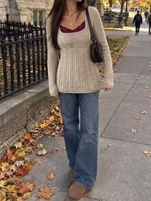 90s Fashion Women's Pullover Doll Square Neck Sweater, Featuring Cable Knit Details, Long Sleeves And Square Neck Design, Medium Stretch Fabric, Autumn Outfit Essential - Khaki - View 3