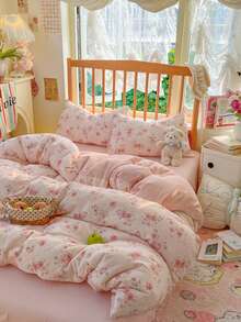 浪漫水彩粉色花卉床上用品套裝（1件被套+1件床單+2件枕套，不含填充物）拉鍊設計，100%親膚聚酯纖維，浪漫臥室裝飾，適合情人節與日常使用，四季適用，可機洗 - 粉色 - 查看 7