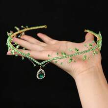 1pc Emerald Green Crystal & Rhinestone Pendant Headband Gold Wire Princess Tiara Crown Bridal Wedding Party Hair Accessories - Green - View 7