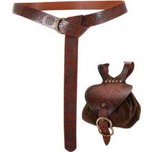 Medieval Viking Costume Accessories Set Pu Leather Embossing Waist Belt With Leaf-Shaped Drawstring Coin Purse Halloween Cosplay Props - A - View 8
