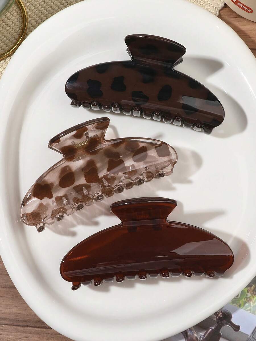 3件組秋冬棕色系豹紋果凍感復古大號半圓形髮夾組合，極簡百搭懶人盤髮髮飾工具 - 彩色 - 查看 1