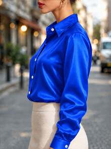 Plus Size Women Casual Satin Button-Up Shirt Spring - Blue - View 3
