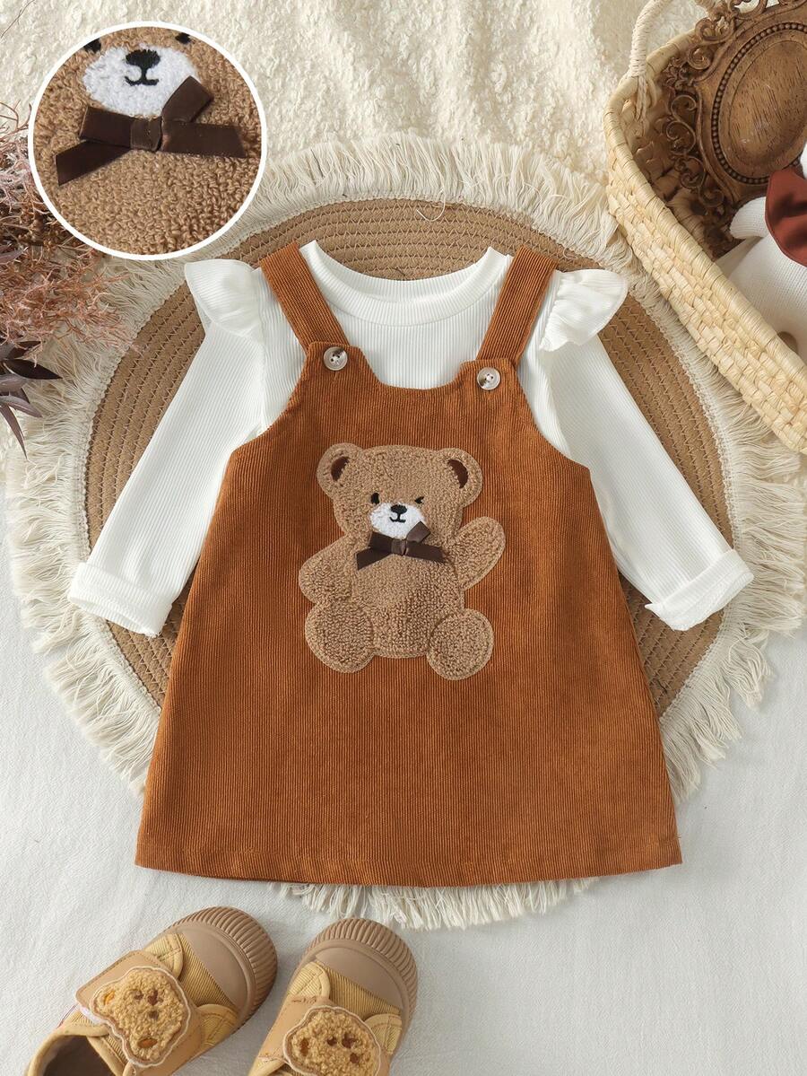 2pcs Baby Girl Cute Casual Long Sleeve Ribbed Top & Bear Pattern Embroidered Corduroy Overall Dress Set, Thin Spring/Autumn - Khaki - View 1