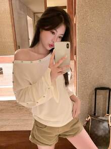 Korean Style Casual Asymmetrical Shoulder Metal Button Decor Long Sleeve Top Women Autumn Winter Loose Casual Short T-Shirt - White - View 4