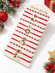 Christmas Beaded Pendant Bracelet For Women, Snowflake, Christmas Tree, Snowman, Reindeer And Gingerbread Man Design, Red Green White Holiday Jewelry - Multicolor - View 17
