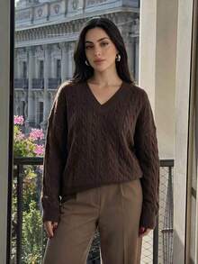 Plus Size Women's Vintage Cable Knit Long Sleeve Pullover Sweater, V-Neck, Versatile For Daily Wear And Commuting, Comfortable And Thick For Home And Autumn/Winter - Brown - View 3