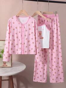 3pcs/Set Cute Bear Print Pajama Set For Girls, Long Sleeve Button-Up Top + Bear Pattern Camisole + Elastic Waist Wide Leg Pants, Soft Sleepwear, Suitable For Big Girls Home Wear - Pink - View 2
