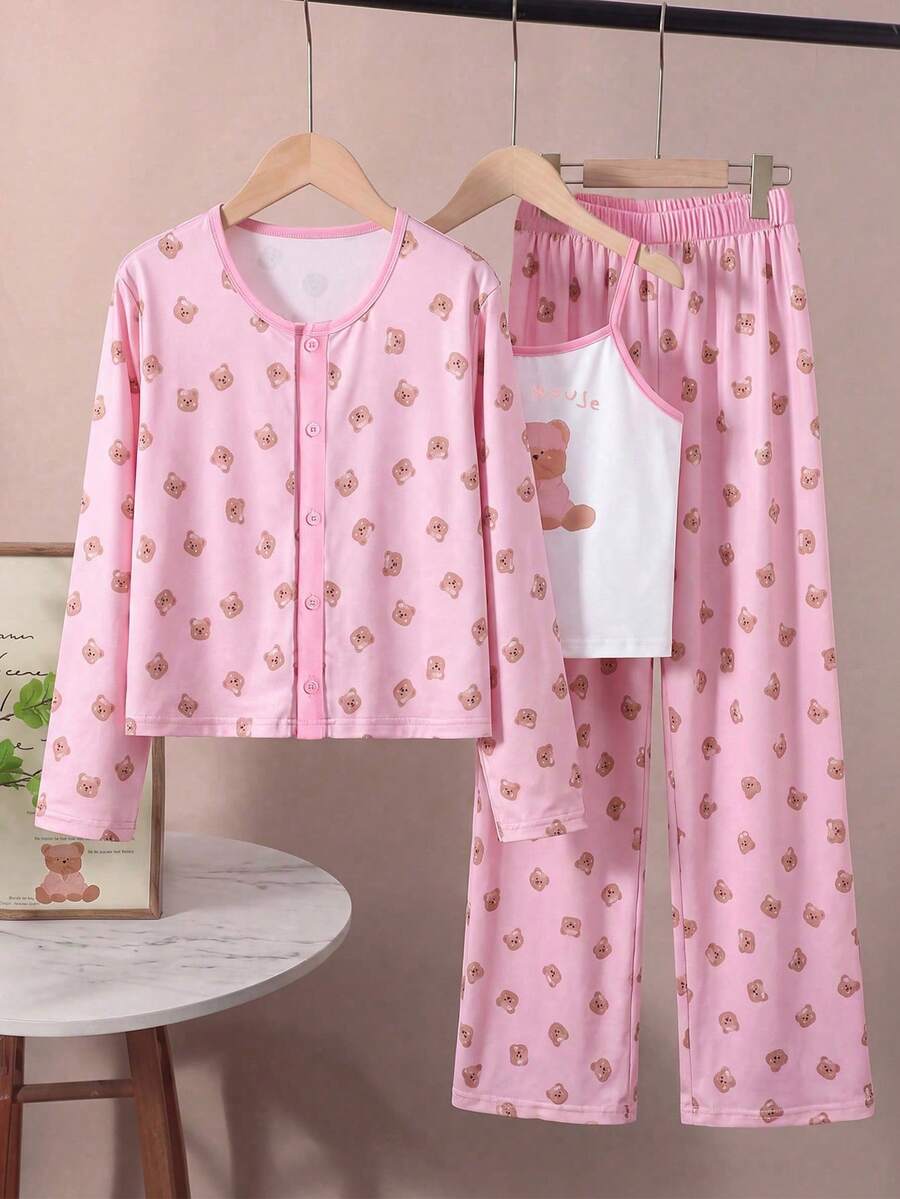 3pcs/Set Cute Bear Print Pajama Set For Girls, Long Sleeve Button-Up Top + Bear Pattern Camisole + Elastic Waist Wide Leg Pants, Soft Sleepwear, Suitable For Big Girls Home Wear - Pink - View 1