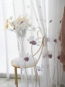 1pc Rod Pocket Pastoral Daisy Embroidered Sheer Curtain, Simple White Translucent Gauze Curtain, Balcony Bay Window Embroidery Decorative Sheer Curtain - White - View 12
