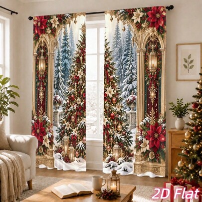 2D Flat Print 2Pcs Christmas Scene Curtains, Holiday Winter Wonderland Snowy Tree Pattern Blackout Curtains For Living Room Bedroom Window Decoration, Holiday Home Decor, Country Farm Style Curtains Privacy Protection Easy To Clean