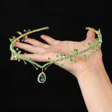 1pc Emerald Green Crystal & Rhinestone Pendant Headband Gold Wire Princess Tiara Crown Bridal Wedding Party Hair Accessories - Green - View 8