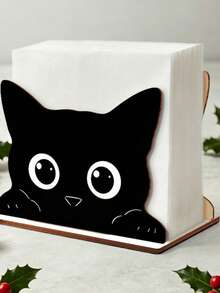 1pc Black Cat Peeking Wooden Napkin Holder, Cute Cartoon Kitten Paper Towel Dispenser, Kitchen Dining Table Desktop Napkin Storage Box, Tabletop Napkin Rack Decor - Multicolor - View 6