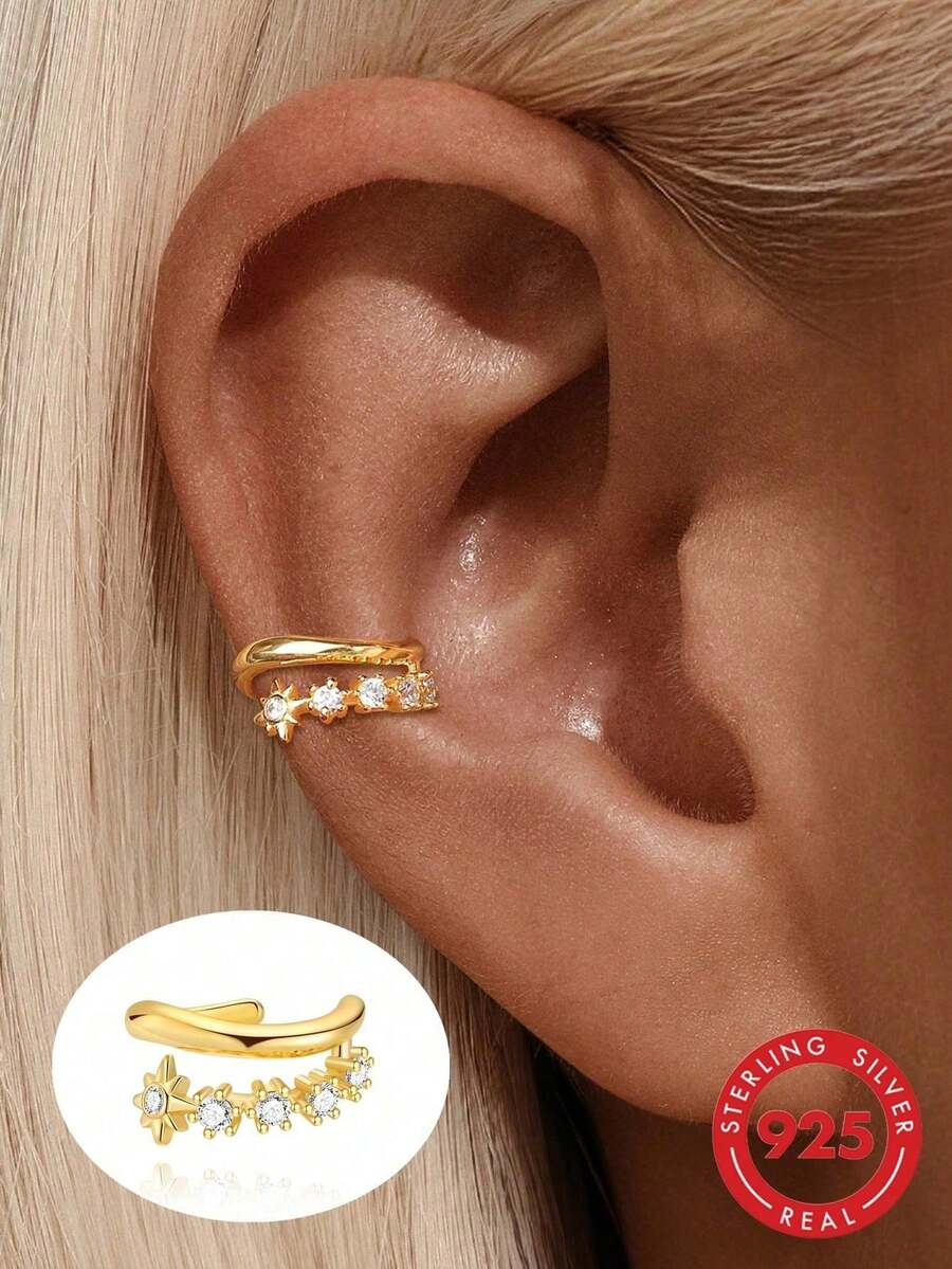 1pc 925 Sterling Silver Octagonal Star CZ Ear Clip, Hypoallergenic Four-Leaf Clover Ear Cartilage Clip, Exquisite Jewelry For Women And Men, Daily Wear And Gift