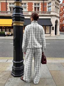 Women's Elegant Casual Plaid 2 Pieces Set, Stand Collar Top With Wide Leg Pants, Autumn Daily Outfit Choice - Grey - View 3