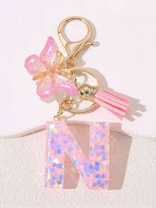 Women's Fashion Initial Keychain With Cute Butterfly Tassel Sequin Resin Letter Key Ring Pendant, Backpack Wallet Handbag Car Key Chain Charm, Valentine's Day Gift For Girlfriend - Pink - View 28