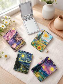 1PC Van Gogh Series Portable Vanity Mirror, Foldable Lightweight Ultra-Thin Hand Mirror, PU Leather, Suitable For All People And Multiple Occasions, Rectangular Pocket Mirror, Classic Abstract Sunflower, Sun, Architecture, Mountain Pattern Design, Exquisite And Delicate, Convenient To Carry, Handheld Makeup Mirror, 180° Flip Cover, Multi-Functional - Multicolor - View 1