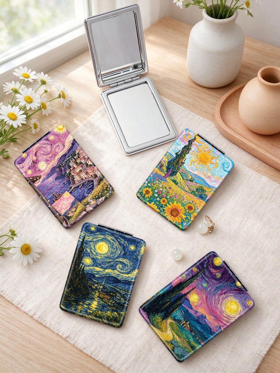1PC Van Gogh Series Portable Vanity Mirror, Foldable Lightweight Ultra-Thin Hand Mirror, PU Leather, Suitable For All People And Multiple Occasions, Rectangular Pocket Mirror, Classic Abstract Sunflower, Sun, Architecture, Mountain Pattern Design, Exquisite And Delicate, Convenient To Carry, Handheld Makeup Mirror, 180° Flip Cover, Multi-Functional - Multicolor - View 1