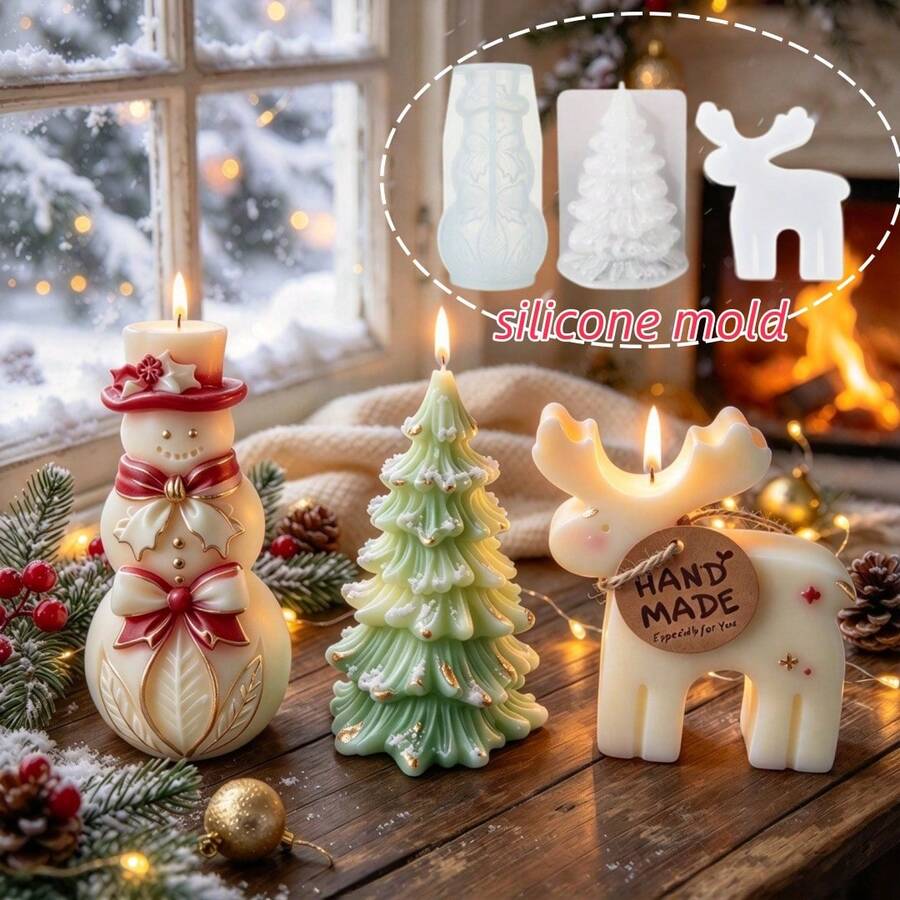 3pcs Christmas Silicone Mold Set, Includes Christmas Snowman Mold, Christmas Tree Mold, Deer Mold, Holiday Atmosphere Decorative Plaster Mold, Aromatherapy Candle Mold, Reusable - Silicone Mold - View 1