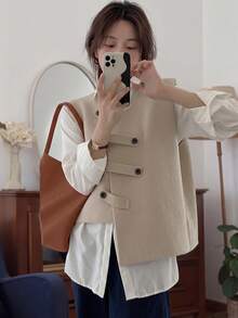 Alicedudu Women's Autumn/Winter Asymmetric Design Button Loop Minimalist Sweater Vest Casual Spring - Apricot - View 5