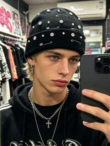 1pc Men's Y2K Colorful Rhinestone Distressed Pin Decor Knit Beanie, Outdoor Thickened Warm Brimless Hat, Suitable For Street Outdoor Punk Hip-Hop - Multicolor - View 1
