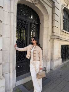 Women's Minimalist Versatile Padded Shoulder Tie-Knot Jacket, Vintage Frog Button Short Outerwear - Champagne - View 3