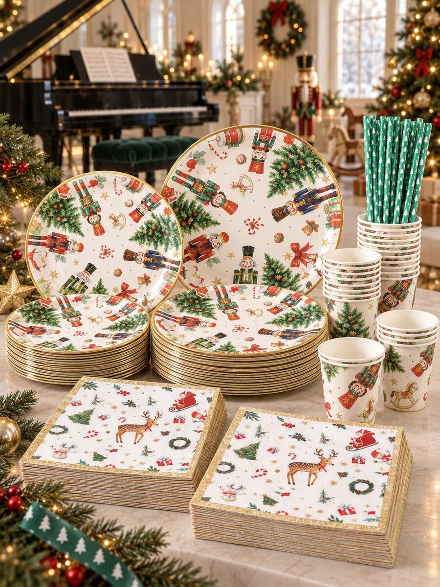 120PCS Christmas Disposable Paper Tableware Set, Includes 7-Inch And 9-Inch Plates, Paper Cups, Napkins And Straws; Featuring Watercolor Style Nutcracker Soldier, Christmas Tree, Gift, Candy Cane And Bow Patterns, Suitable For Christmas Party, Holiday Dinner, Winter Celebration And Holiday Table Decor - Multi-color 1 - View 1