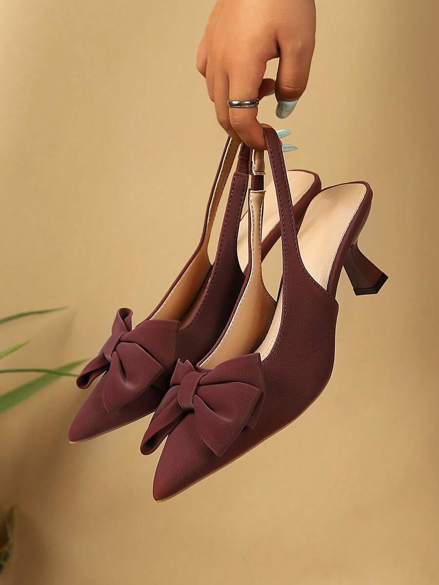 French Style Bow Pointed Toe Closed Toe Sandals For Women, Summer Outdoor Wear, Thin Heel High Heels - Burgundy - View 1