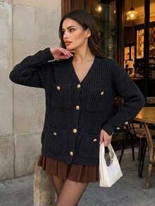 كارديجان صوف محبوك بياقة على شكل حرف V، أزرار ذهبية أمامية، جيوب خارجية، أكمام طويلة، قصة فضفاضة، كارديجان أسود للخريف لإطلالات كاجوال أنيقة بطابع فينتاج - الأسود - مشاهدة 5