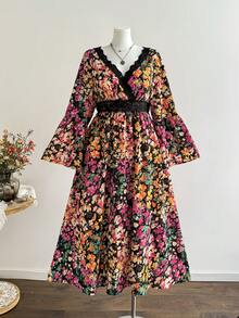 Rusttydustty Women's Plus Size Orange & Yellow Ditsy Floral V-Neck Patchwork Lace Trim Vintage Bohemian Elegant Dress, Suitable For Autumn/Winter, Halloween Outfit - Multicolor - View 8