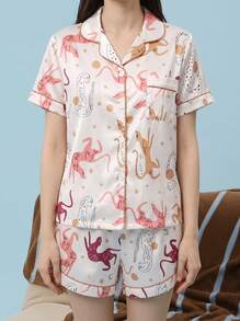 Joivida [Dreamery]Women's Animal Print Short Sleeve Shorts Pajama Set - Champagne - View 5