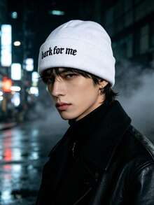 Men's Gothic Letter Embroidered Ribbed Knit Beanie, Streetwear Style Warm Winter Skull Cap - A - View 7