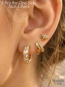 ZCNC 3/1pcs Women's Niche Design Hexagram Stud Earrings Set, Low Allergy, Daily Wear Accessory, Halloween/Christmas Thoughtful Gift - Gold - View 1