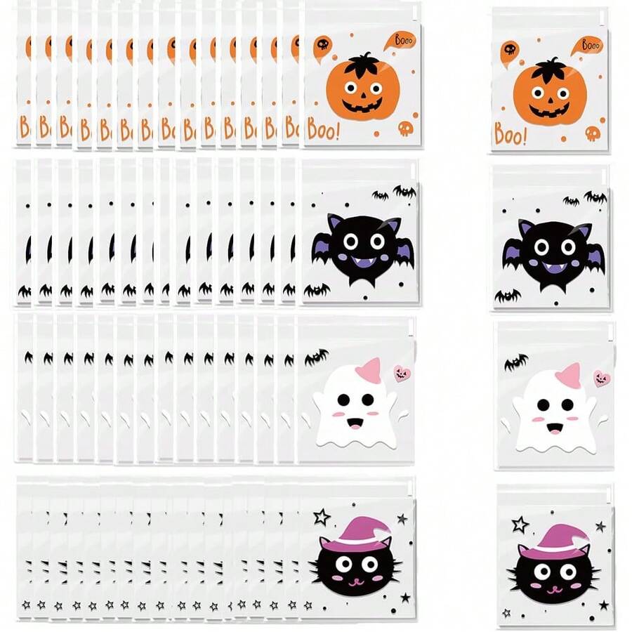 100pcs Halloween Transparent Candy Packaging Bags, Self-Adhesive Cellophane Bags With 4 Cute Cartoon Patterns, Suitable For Cookies, Candy, Gifts And Snack Packaging - Multicolor - View 1