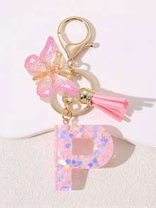 Women's Fashion Initial Keychain With Cute Butterfly Tassel Sequin Resin Letter Key Ring Pendant, Backpack Wallet Handbag Car Key Chain Charm, Valentine's Day Gift For Girlfriend - Pink - View 30