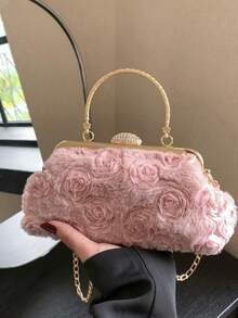 Dedoo 女款晚宴接吻鎖扣手提包，3D玫瑰花卉圖案，水鑽鎖扣與亮面金屬手柄，浪漫優雅，婚禮派對舞會手拿包 - 粉色 - 查看 7
