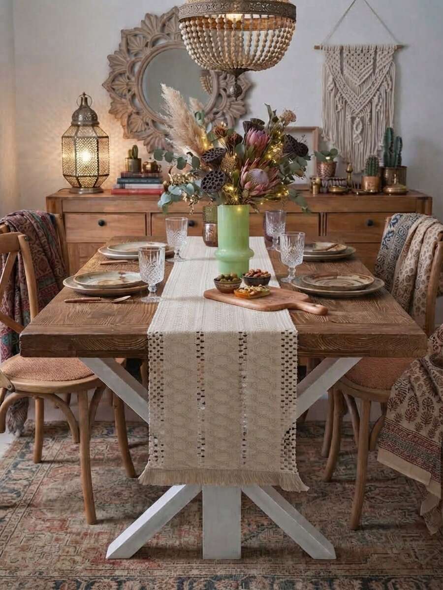MeijiaMo 1pc Bohemian Nordic Ins Style Linen Embroidered Table Runner, Kitchen Dining Table Decor, Home Textile, Minimalist Natural, Suitable For Kitchen, Dining Room, Bedroom, Holiday Decoration - White - View 1