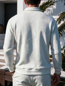 Men's Geometric Textured Jacquard Half-Zip Polo Collar Sweatshirt, Comfortable Casual Autumn/Winter Commuter Style - Multicolor - View 4